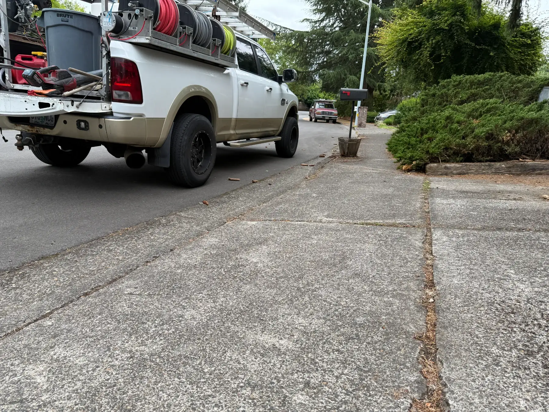 Driveway and street-side concrete before cleaning with moss in seams and truck nearby