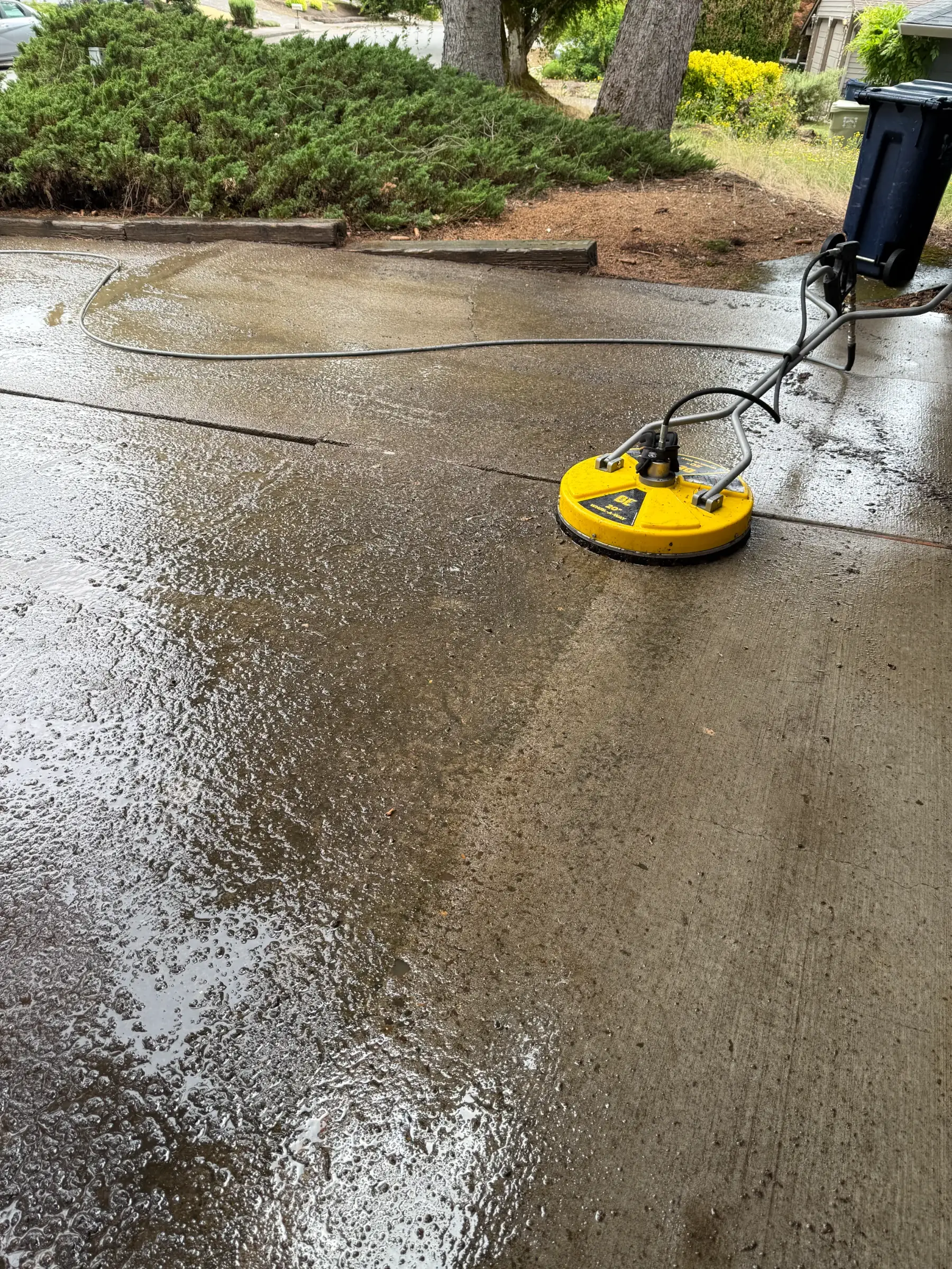 Surface cleaner working near a landscaped edge on a mossy Beaverton driveway