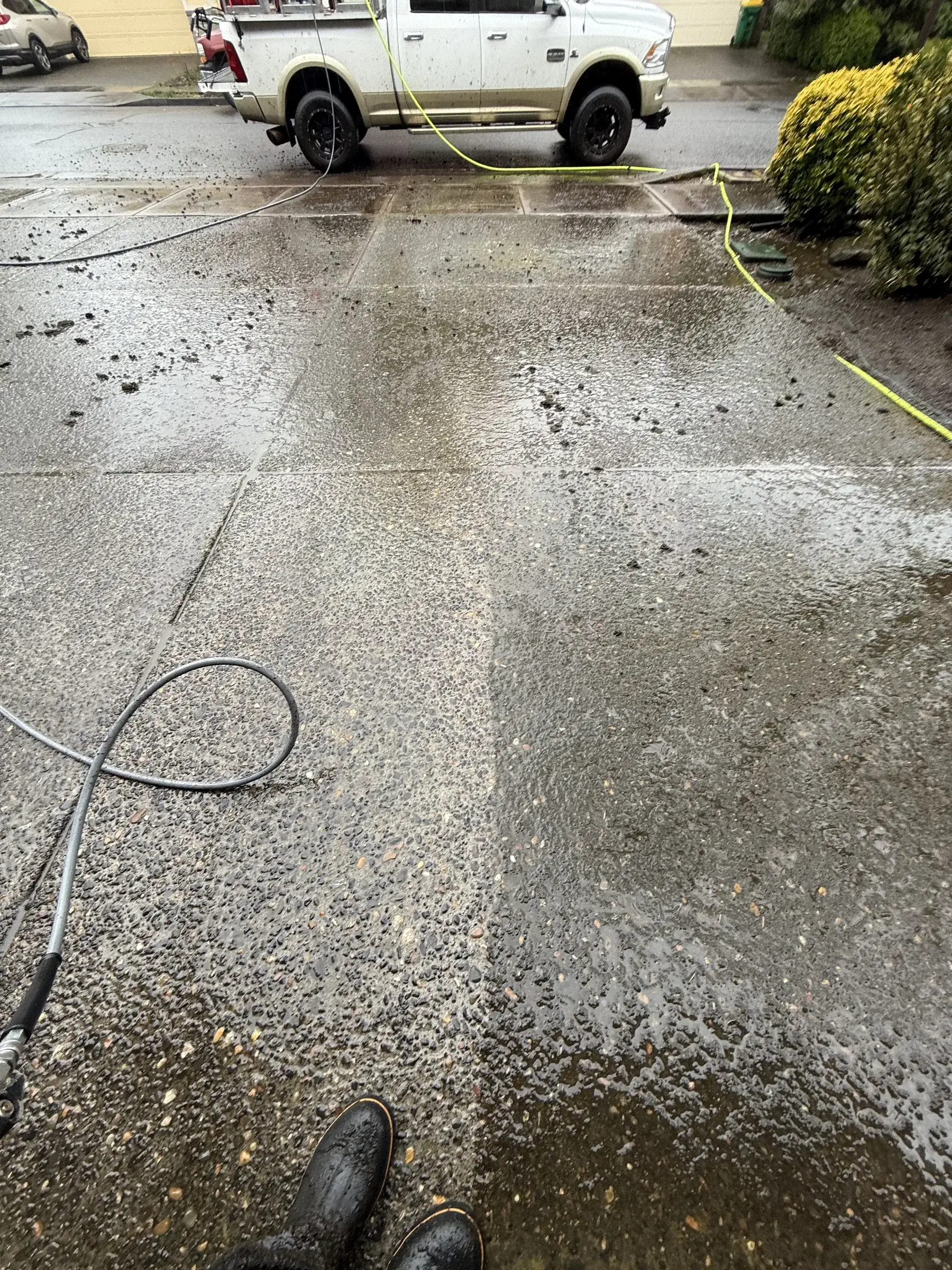 Clean line through mossy exposed aggregate driveway during pressure washing in Beaverton