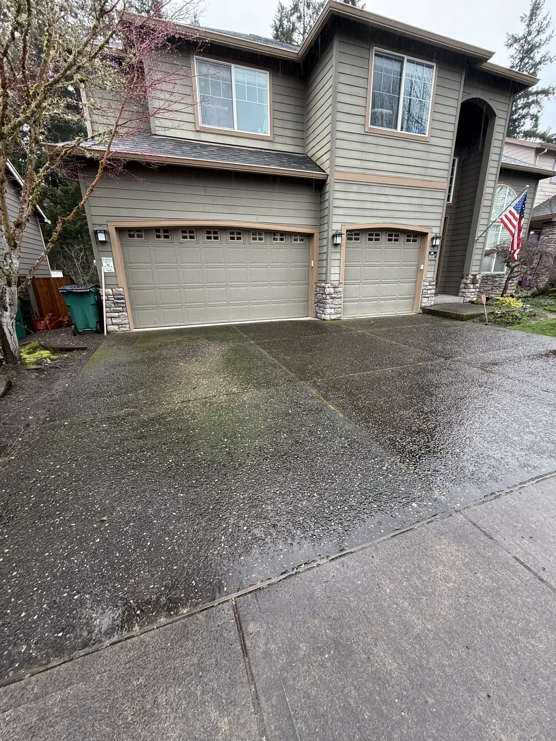 Garage apron and exposed aggregate driveway before cleaning with moss and rain-darkened concrete
