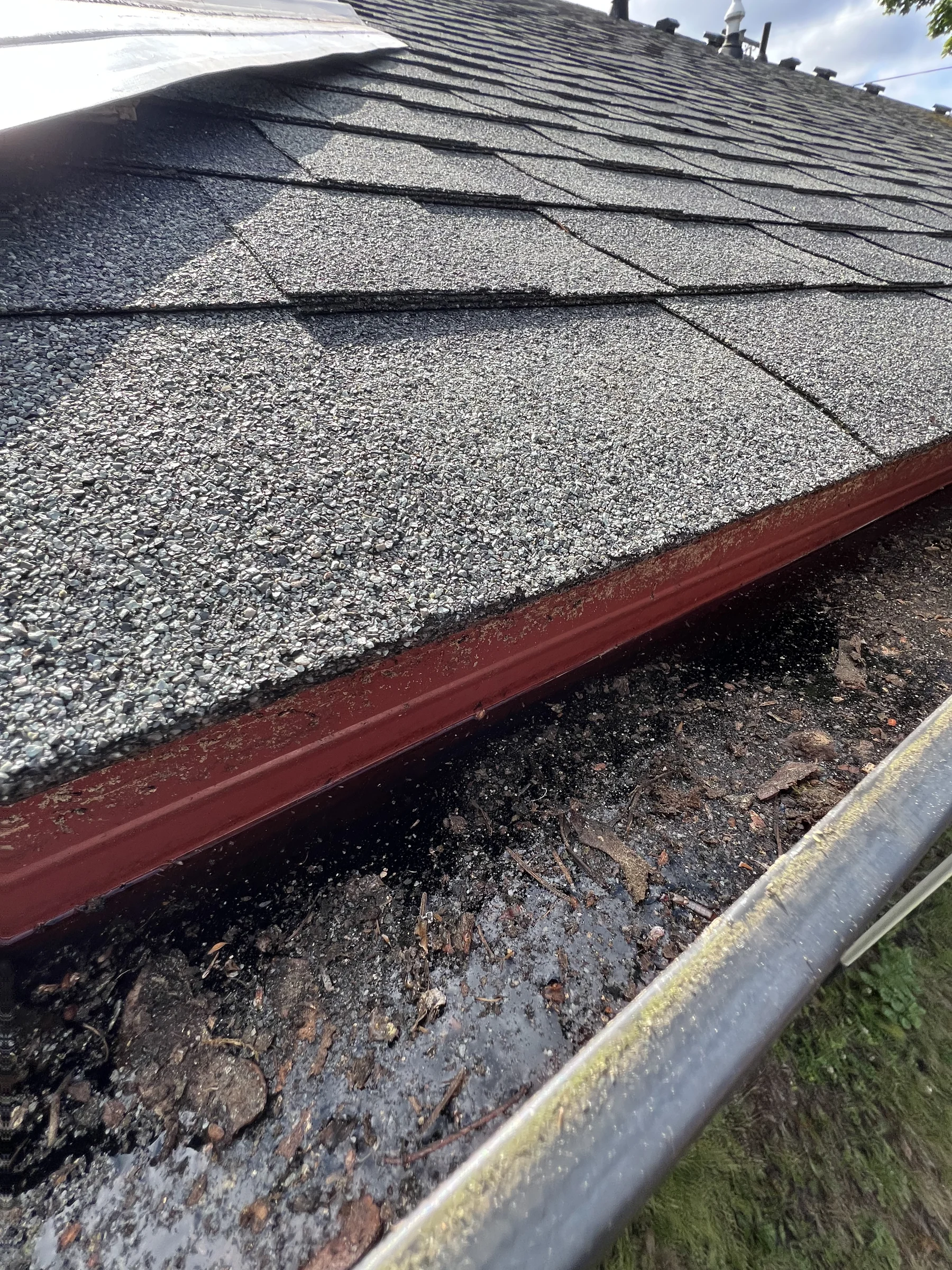 Cleaned gutter line after debris removal during a Beaverton roof moss treatment project