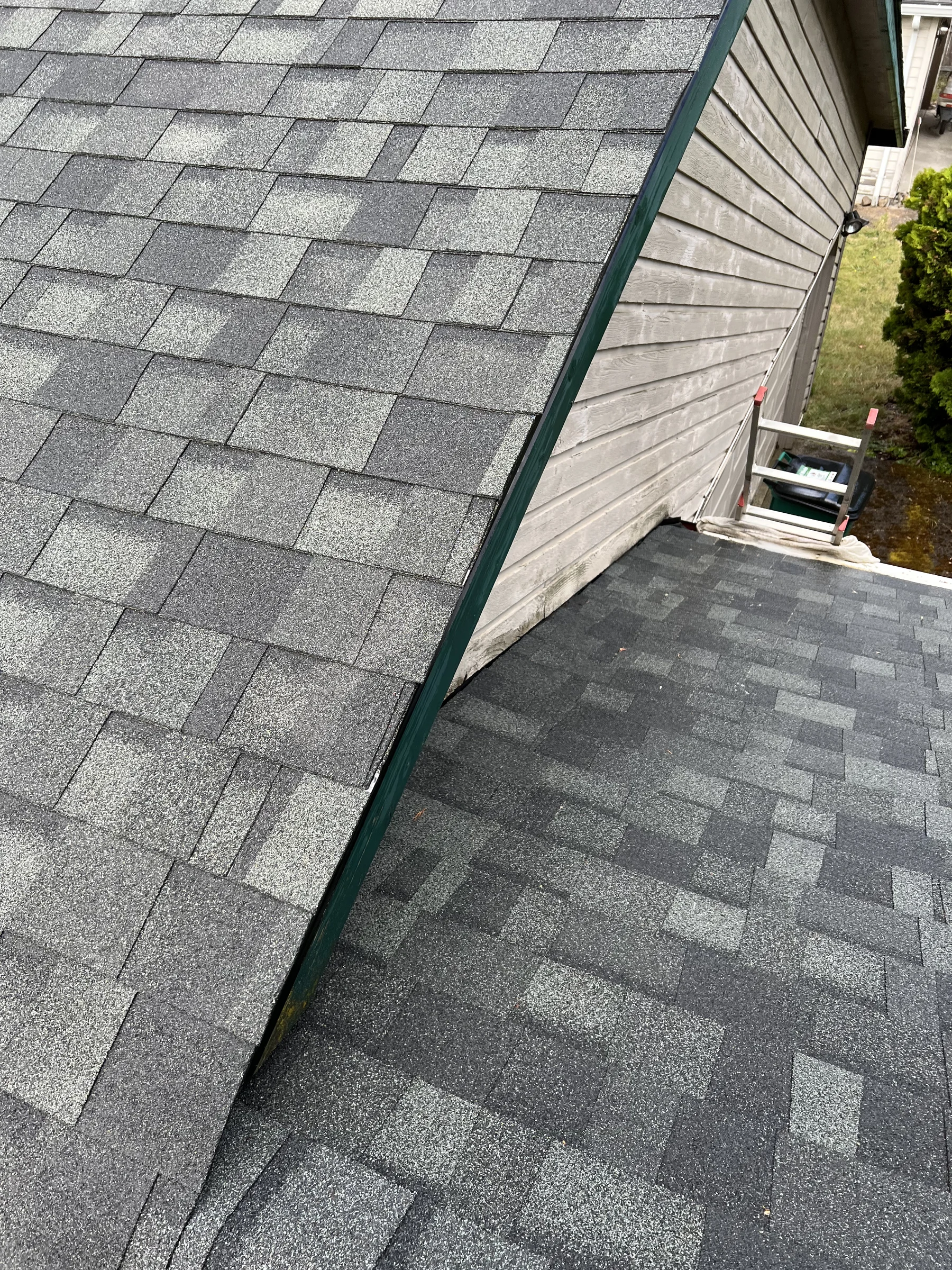 Wall-side roof section after Beaverton roof moss treatment and cleanup