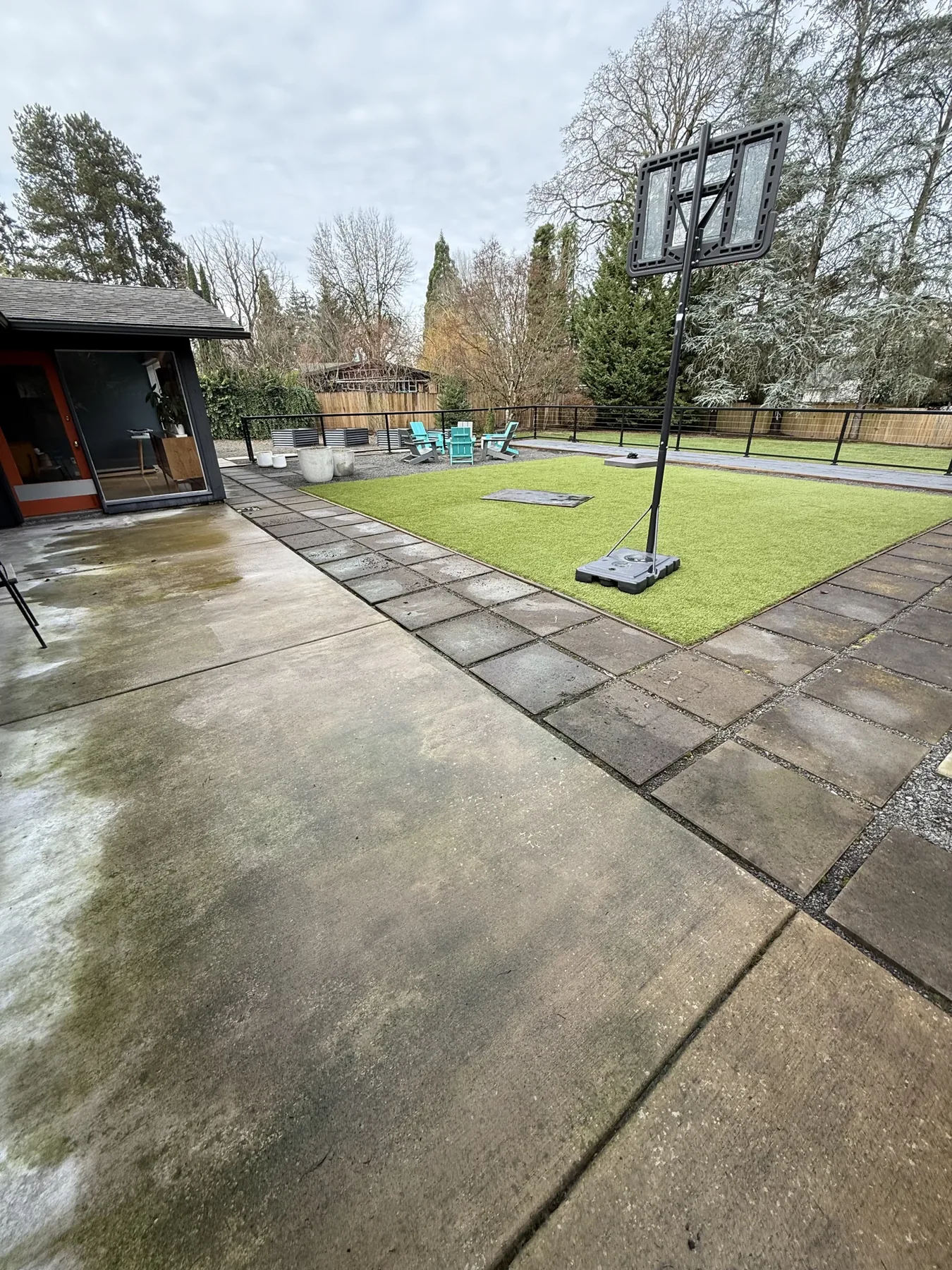 Wide back patio concrete area at a Cedar Mill pressure washing project