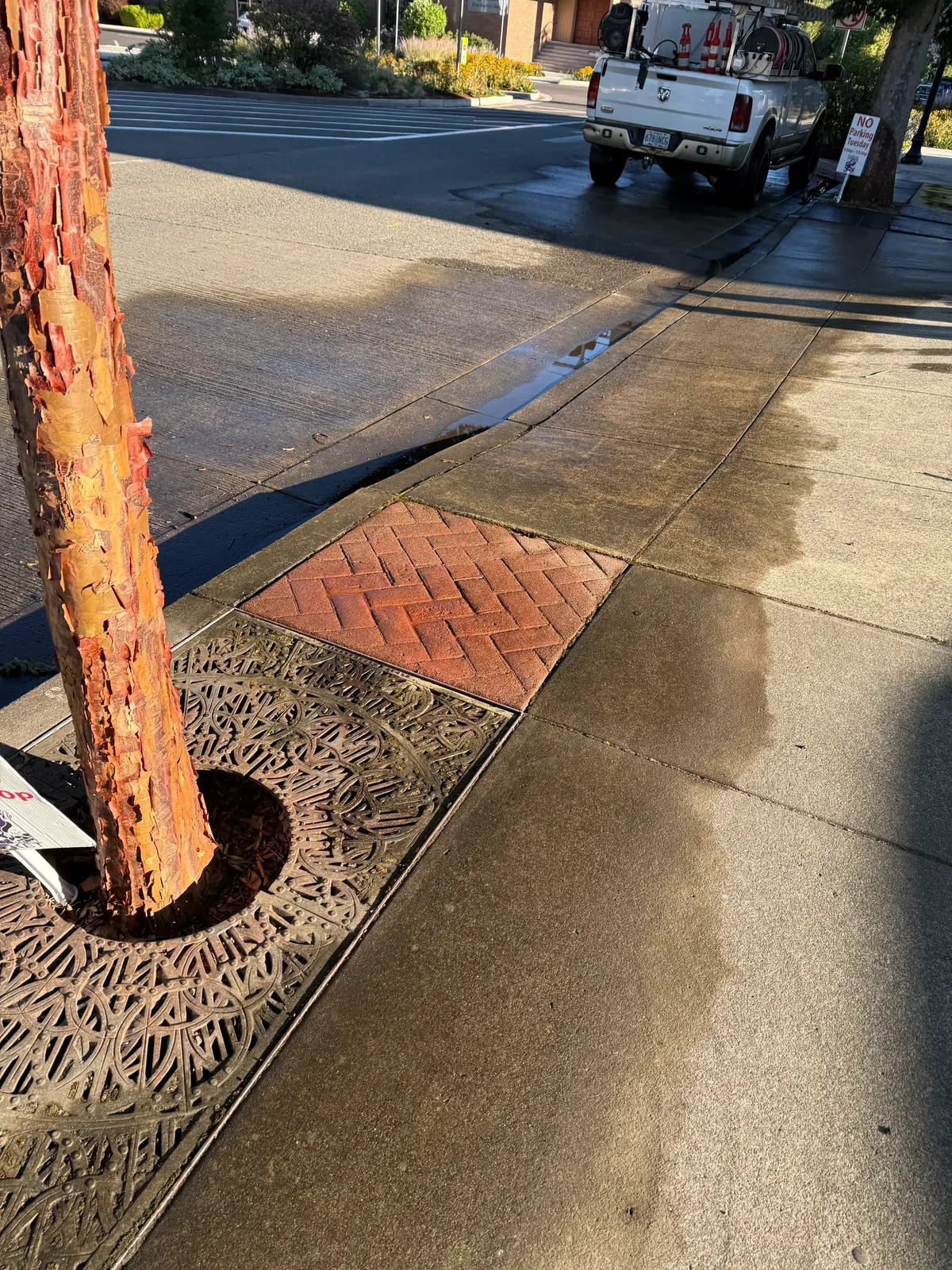 Suds Doctor truck beside wet cleaned sidewalk on NE 2nd Avenue in Downtown Hillsboro
