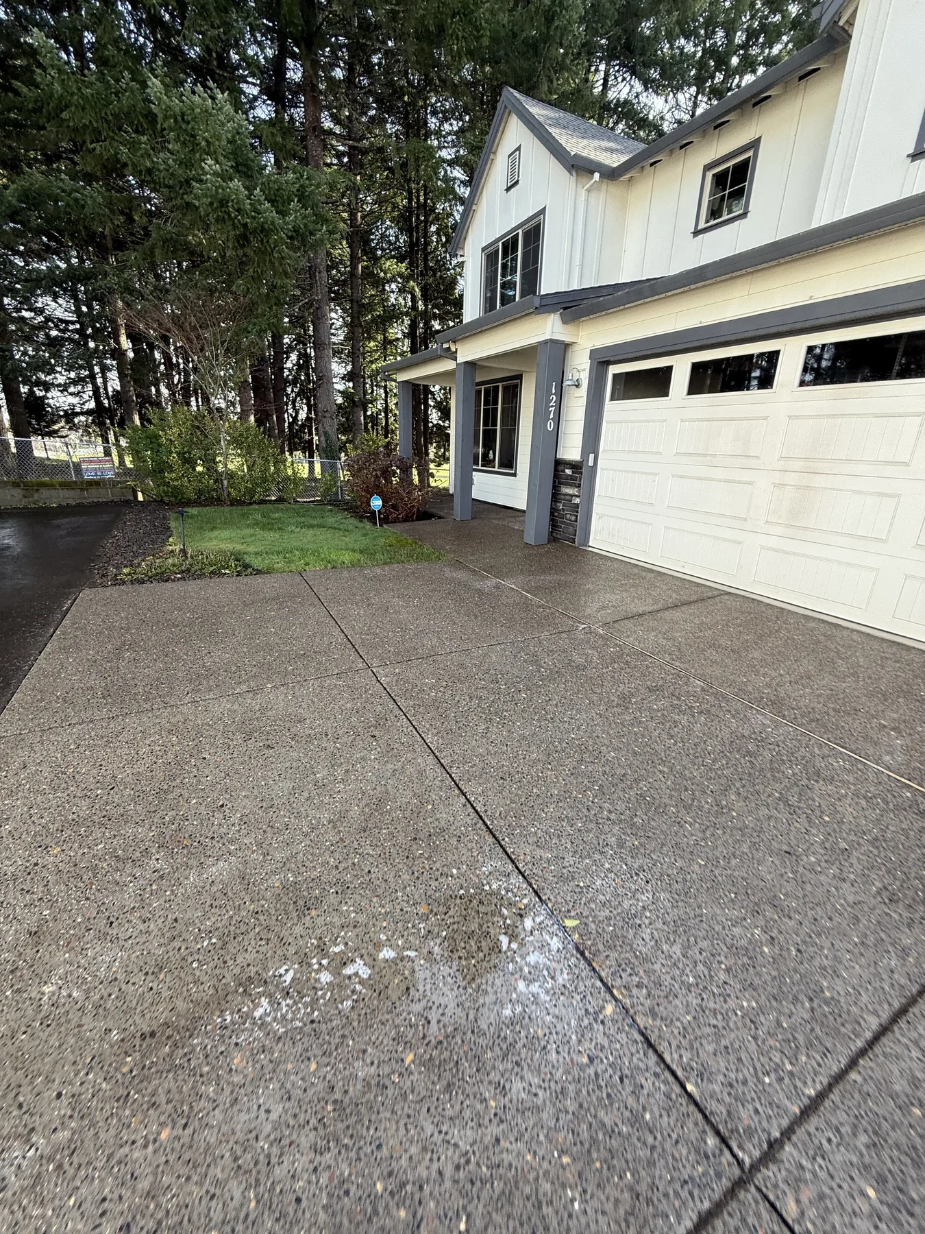 Cleaned Forest Grove driveway after pressure washing showing concrete panels and joints