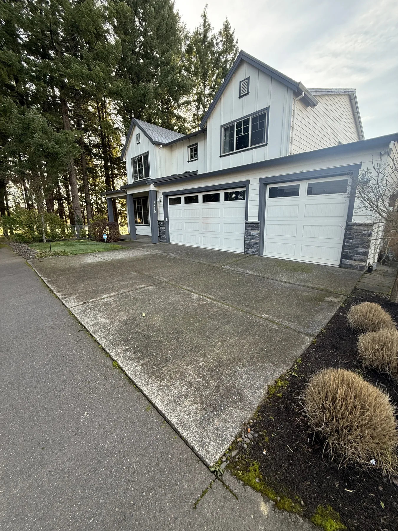 Wide view of Forest Grove concrete driveway before pressure washing