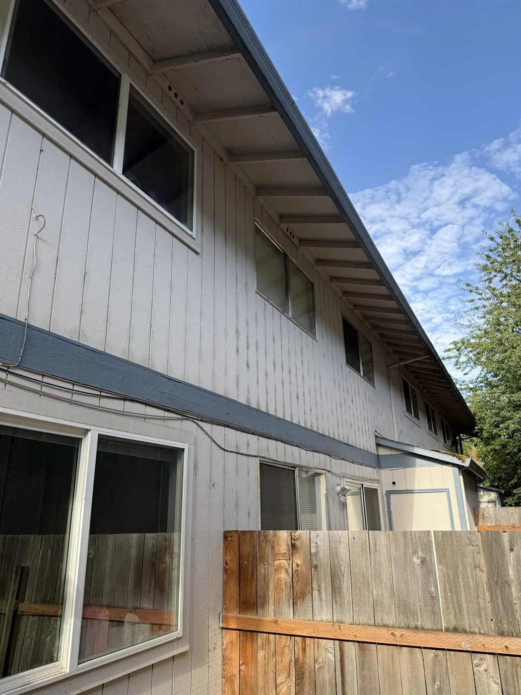 Algae on Forest Grove fourplex siding before soft washing