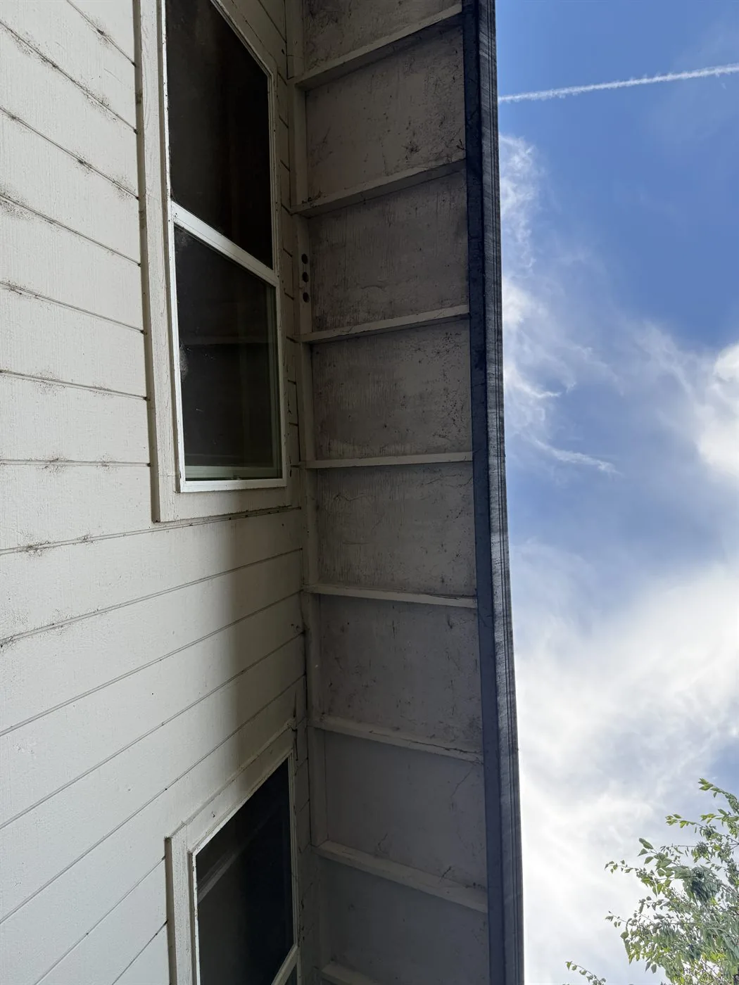Dirty soffit and siding on a fourplex before exterior soft washing in Forest Grove
