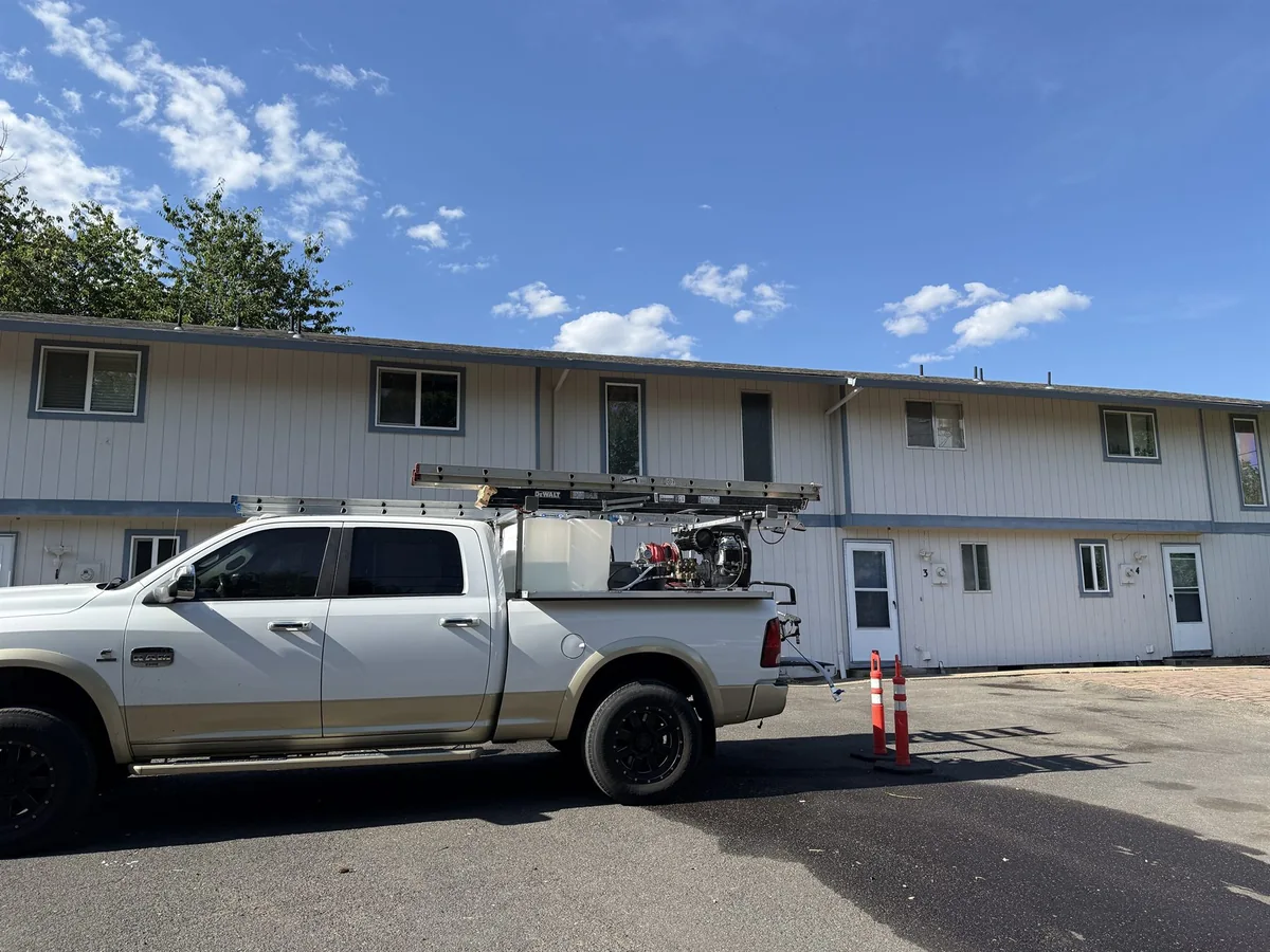 Suds Doctor truck at a Forest Grove fourplex after exterior cleaning