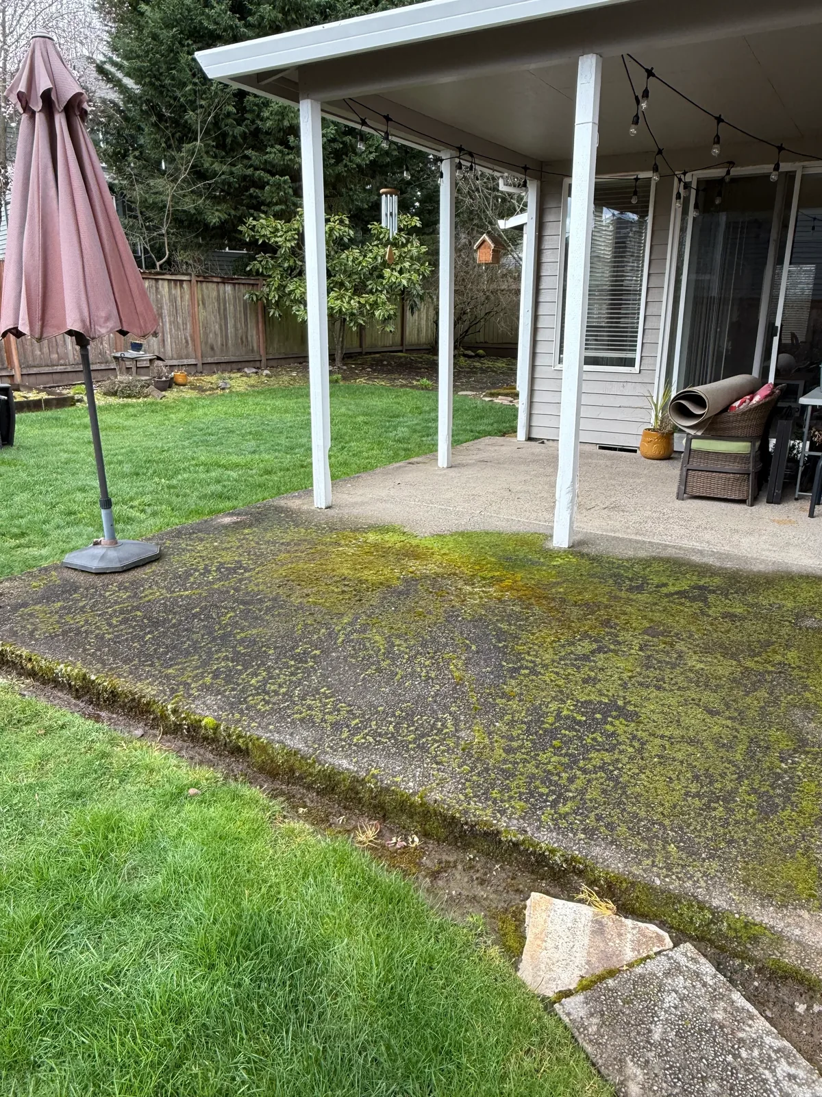 Wide covered patio view with moss before pressure washing in Hillsboro