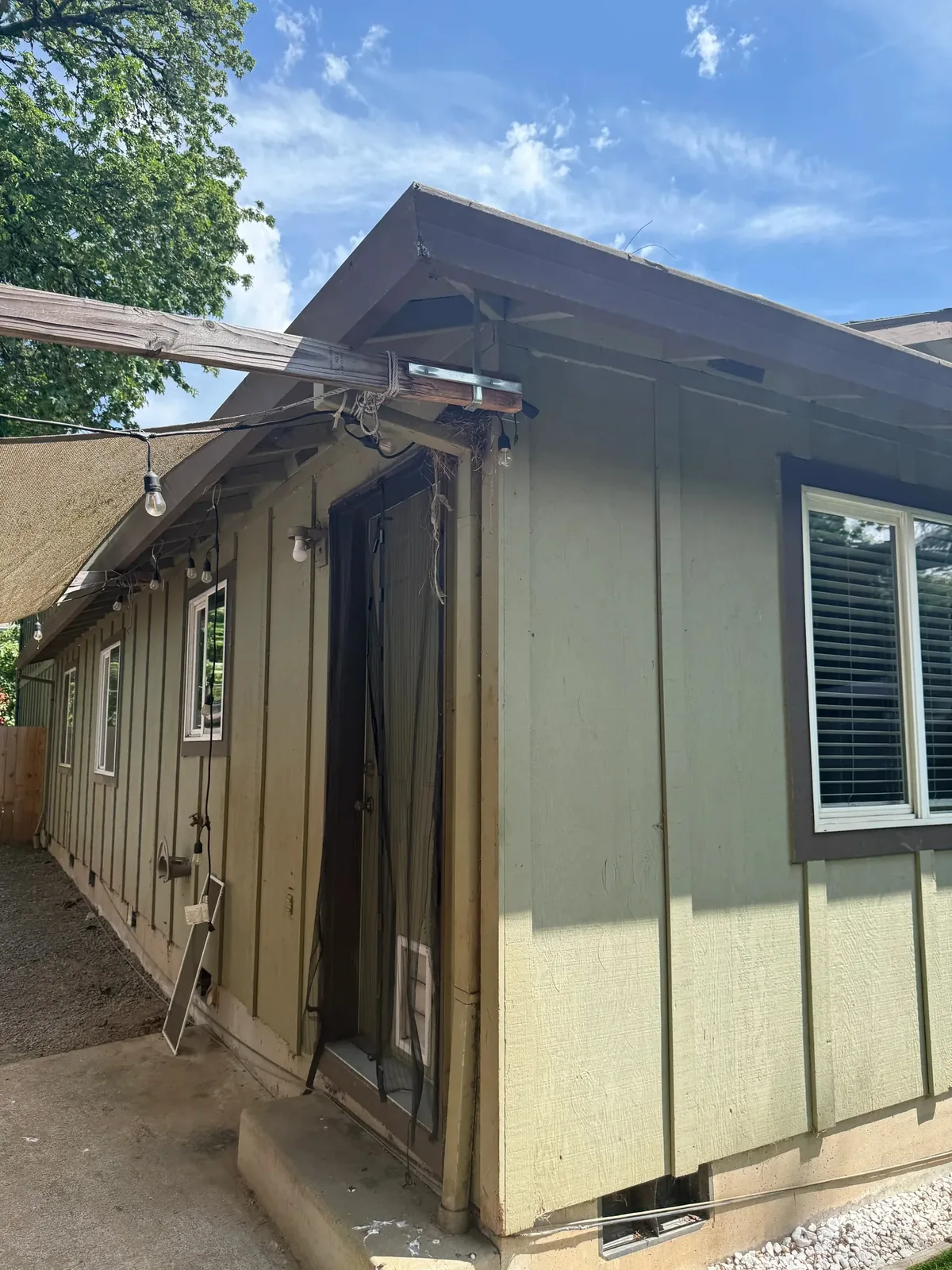 Dirty painted panel siding and trim before whole-building soft washing in Hillsboro