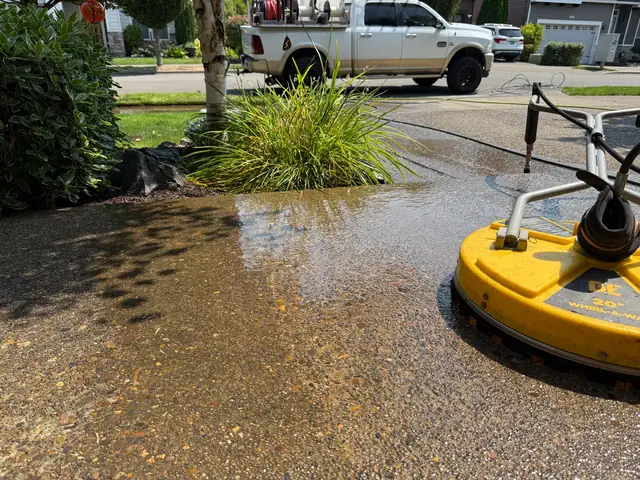 Professional surface cleaner washing an exposed aggregate driveway