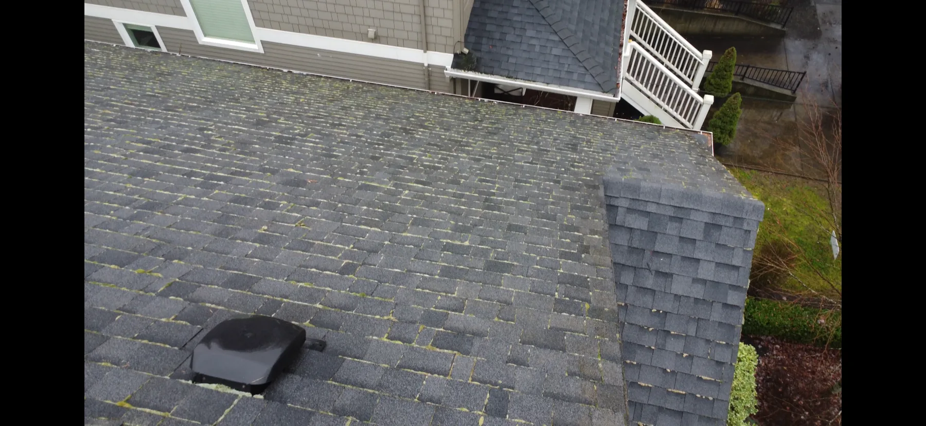 Wide drone view of a Portland asphalt shingle roof with light moss before roof moss treatment