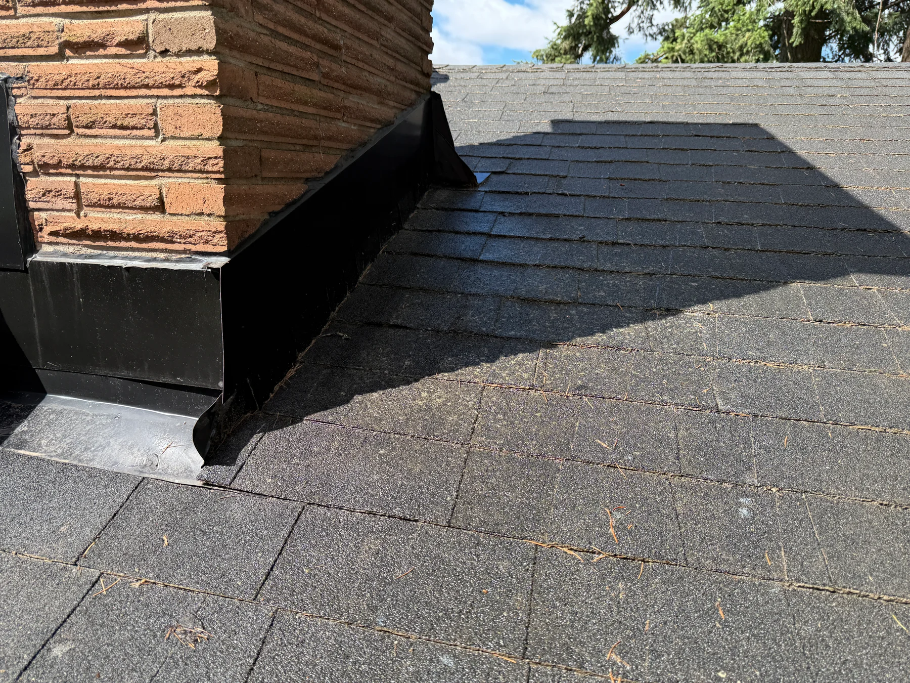 Treated asphalt shingles beside a brick chimney during a Portland roof moss project