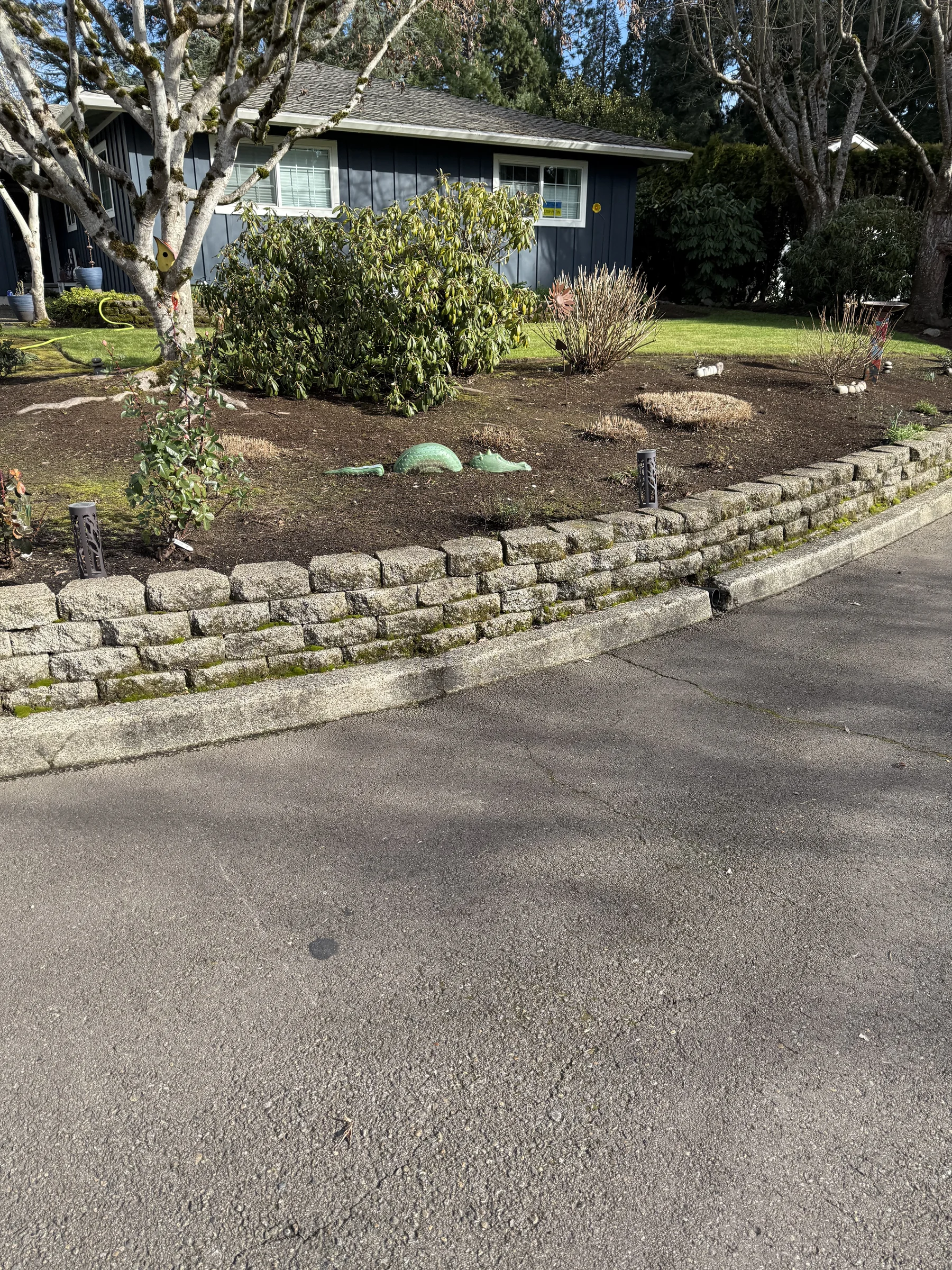 Small block retaining wall beside a Rock Creek driveway before pressure washing