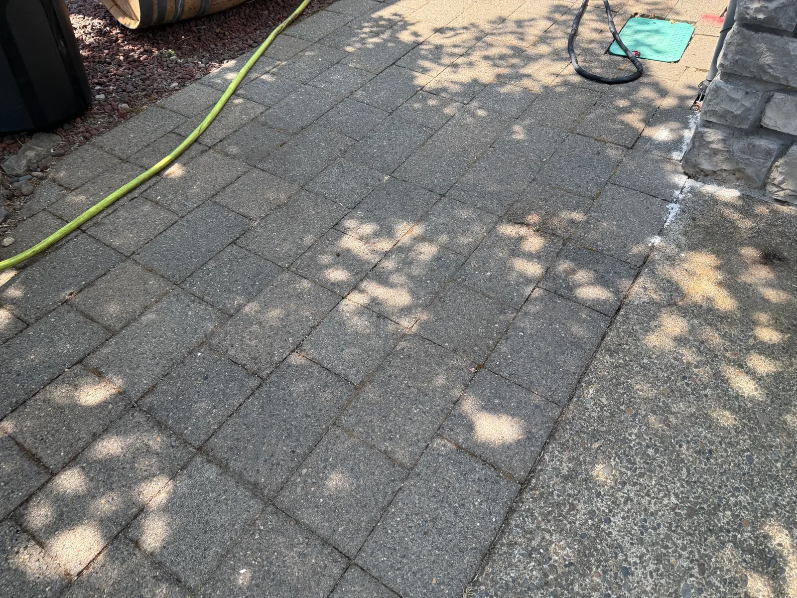 Moss and dirt in shaded paver joints beside a Sherwood driveway before cleaning