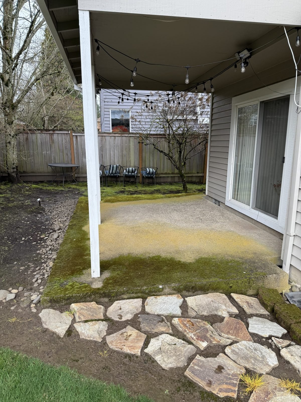 Patio surface with moss and organic buildup before surface cleaning
